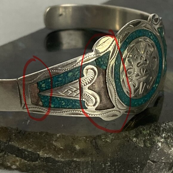 VTG Sterling Silver 925 Mexico Crushed Stone Aztec Cuff Bracelet FLAW Sz 6.25 - Picture 5 of 16